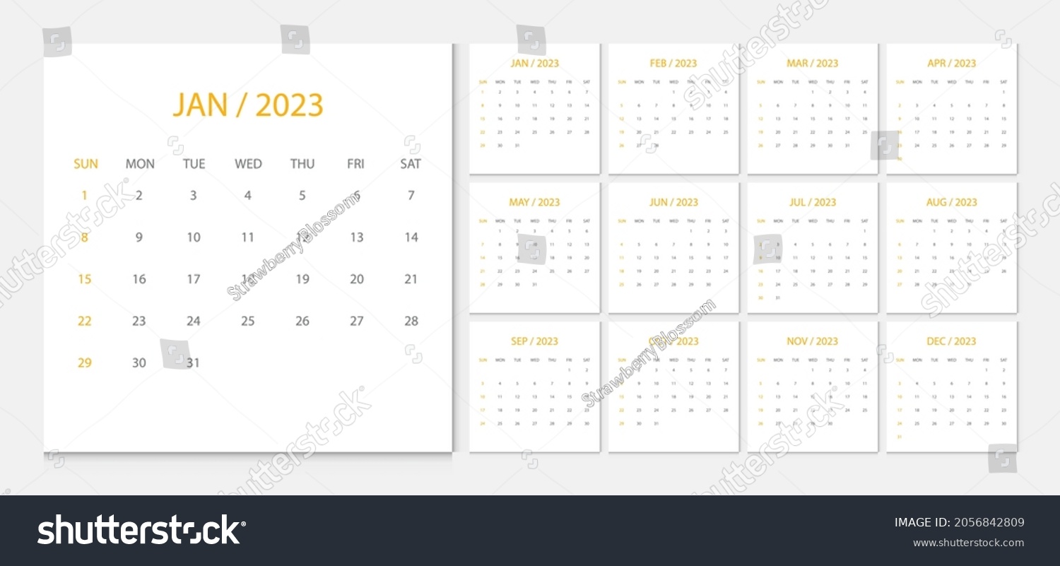 Calendar 2023 Week Start Sunday Corporate Design Royalty Free Stock Vector 2056842809 5384