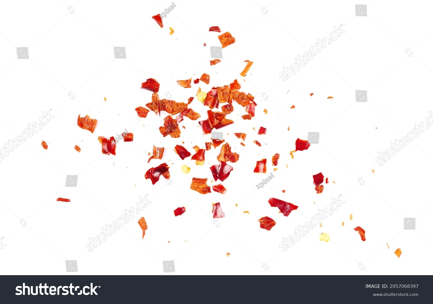 Crushed red cayenne pepper, dried chili flakes and seeds pile isolated on white background, top view #2057068397
