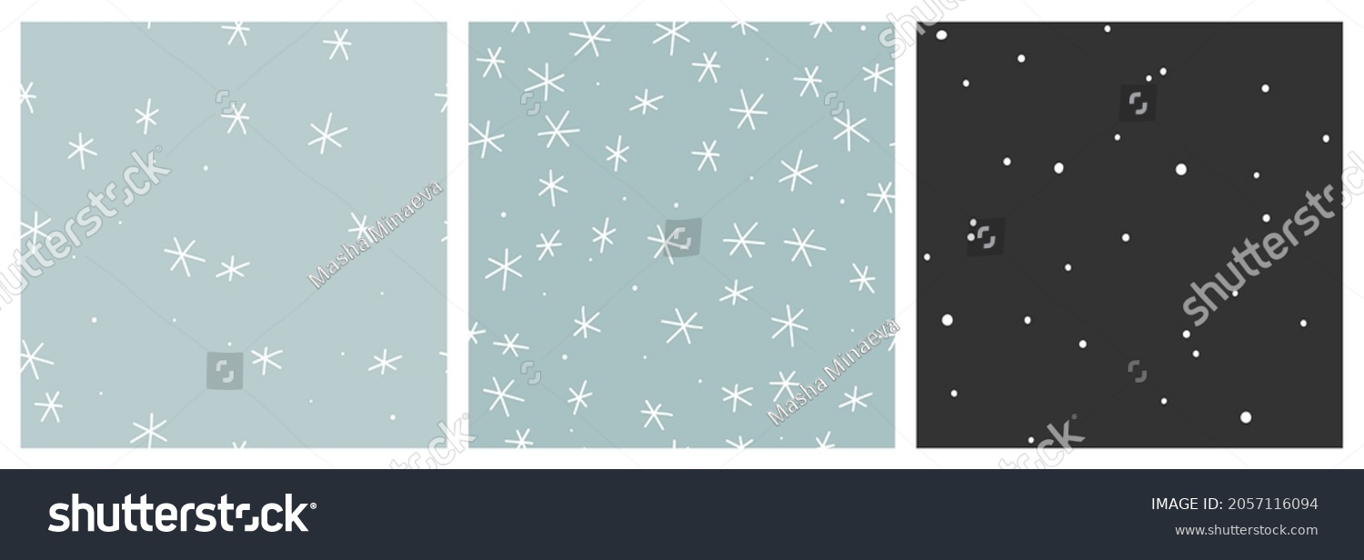 Winter snow vector seamless pattern set. Minimalist scandinavian repeat background with abstract snowflakes in black, white and soft blue colours. #2057116094