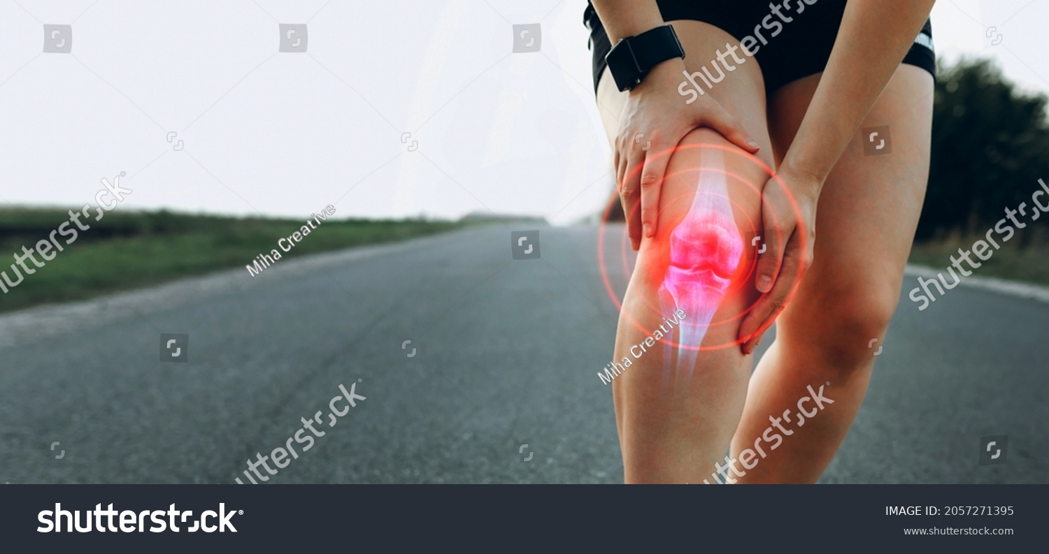 Sporty woman who suffered a knee accident during the run.  
 Joint  problems and tendon inflammation.   #2057271395