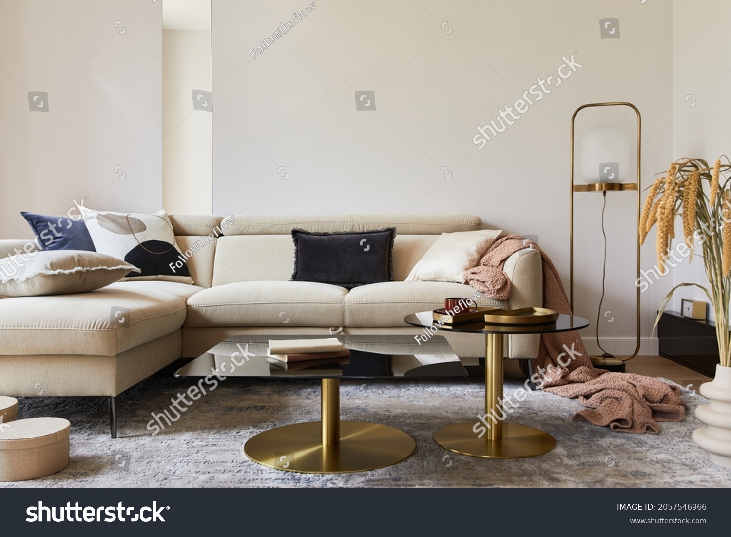 Creative living room interior composition with beige sofa, glass coffee table, carpet on the floor and glamorous accessories. Template.
 #2057546966