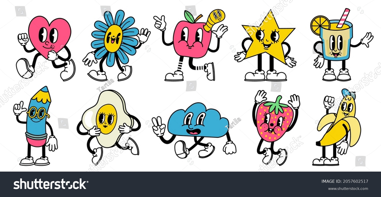 Trendy abstract cartoon. Bright comic heart, star, apple and pencil mascots with funny faces vector set. Running, jumping and walking characters with happy, cheerful facial expressions #2057602517