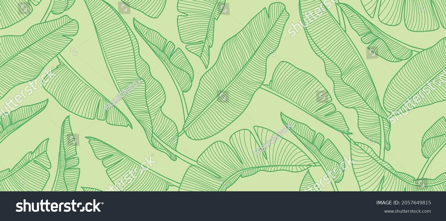 Seamless pattern with banana leaves in line art style. Vector monochrome background with tropican leaves. #2057649815