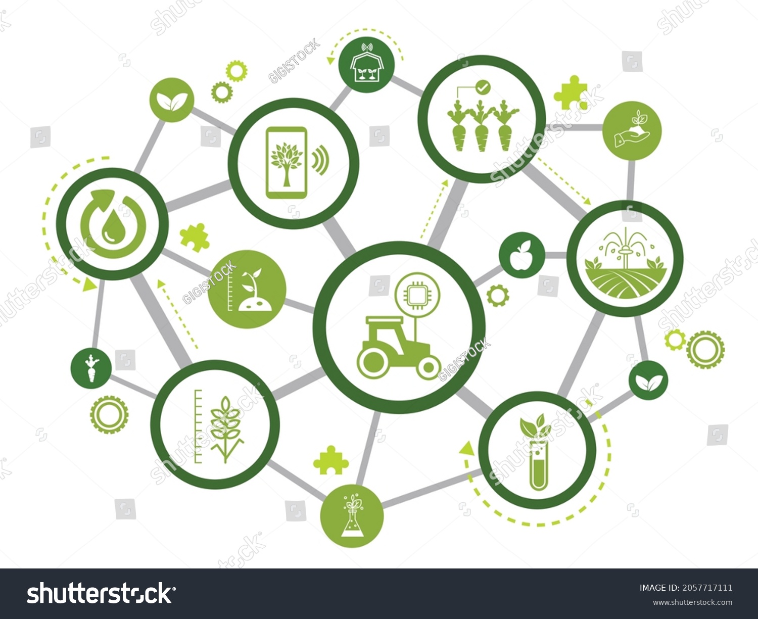smart farm or agritech vector illustration. Banner with connected icons related to smart agriculture technology, digital iot farming methods and farm automation.  #2057717111