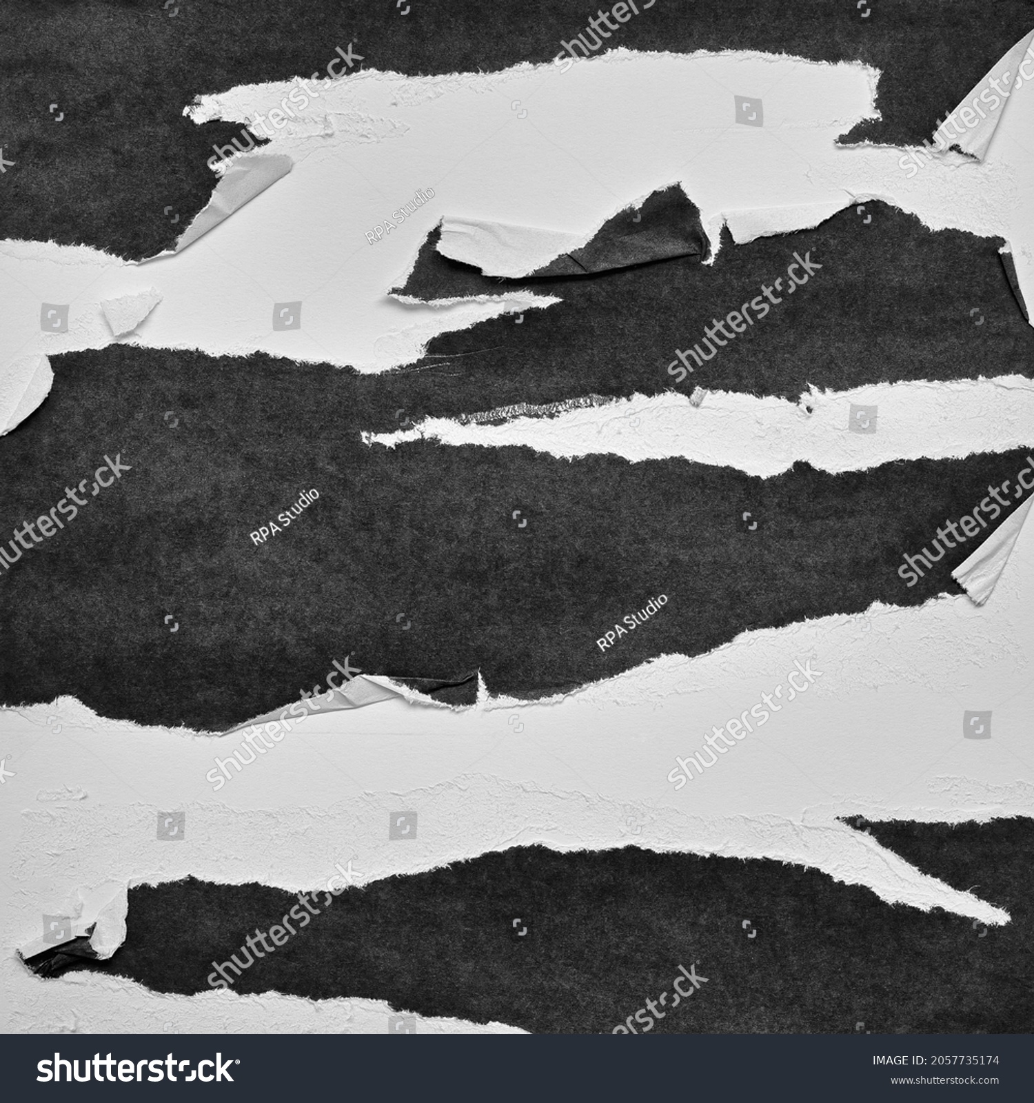 Black and White Torn Paper Collage Style, Ripped Paper Effect, Texture Abstract Background, Copy Space for Text. #2057735174