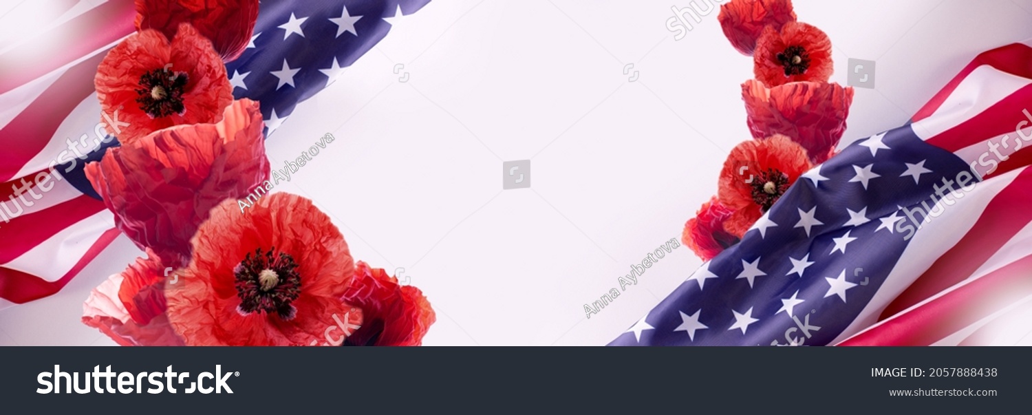 Pearl Harbor National Remembrance day banner template with united states flag, red poppies, and copy space for text. #2057888438