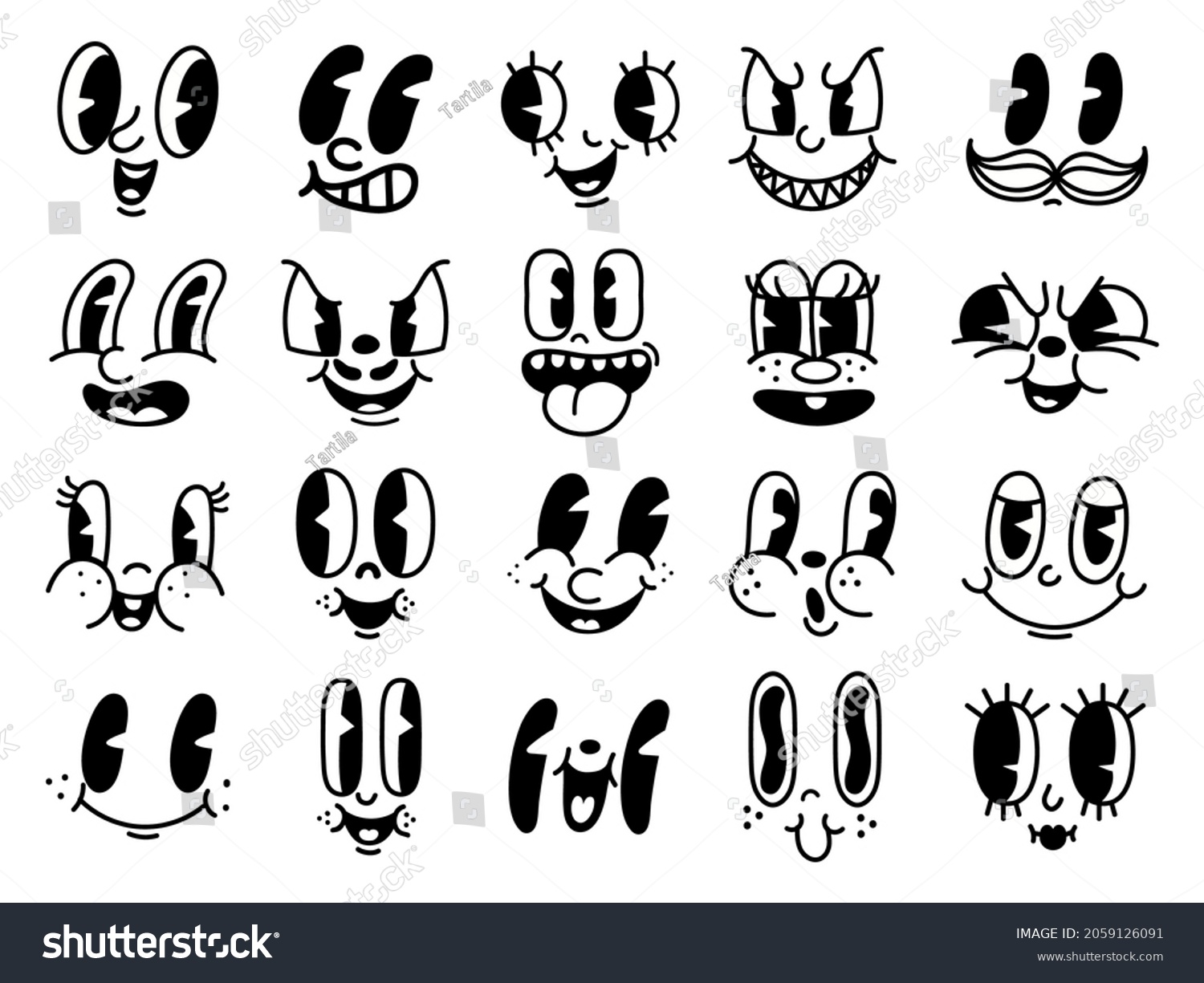 Vintage 50s cartoon and comic happy facial expressions. Old animation funny face caricatures. Retro quirky characters smile emoji vector set. Cute avatars with big eyes, cheeks and mouth #2059126091