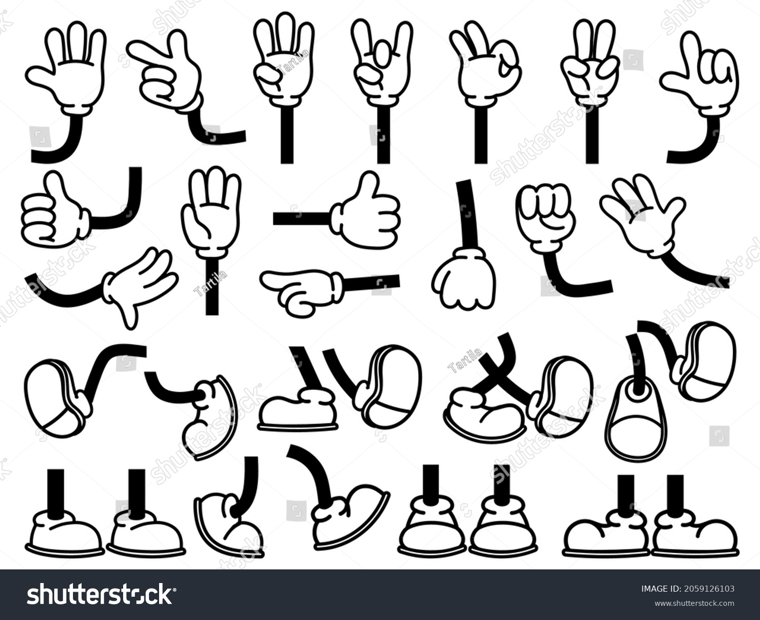 Vintage cartoon hands in gloves and feet in shoes. Cute animation character body parts. Comics arm gestures and walking leg poses vector set. Different foot movements and positions #2059126103