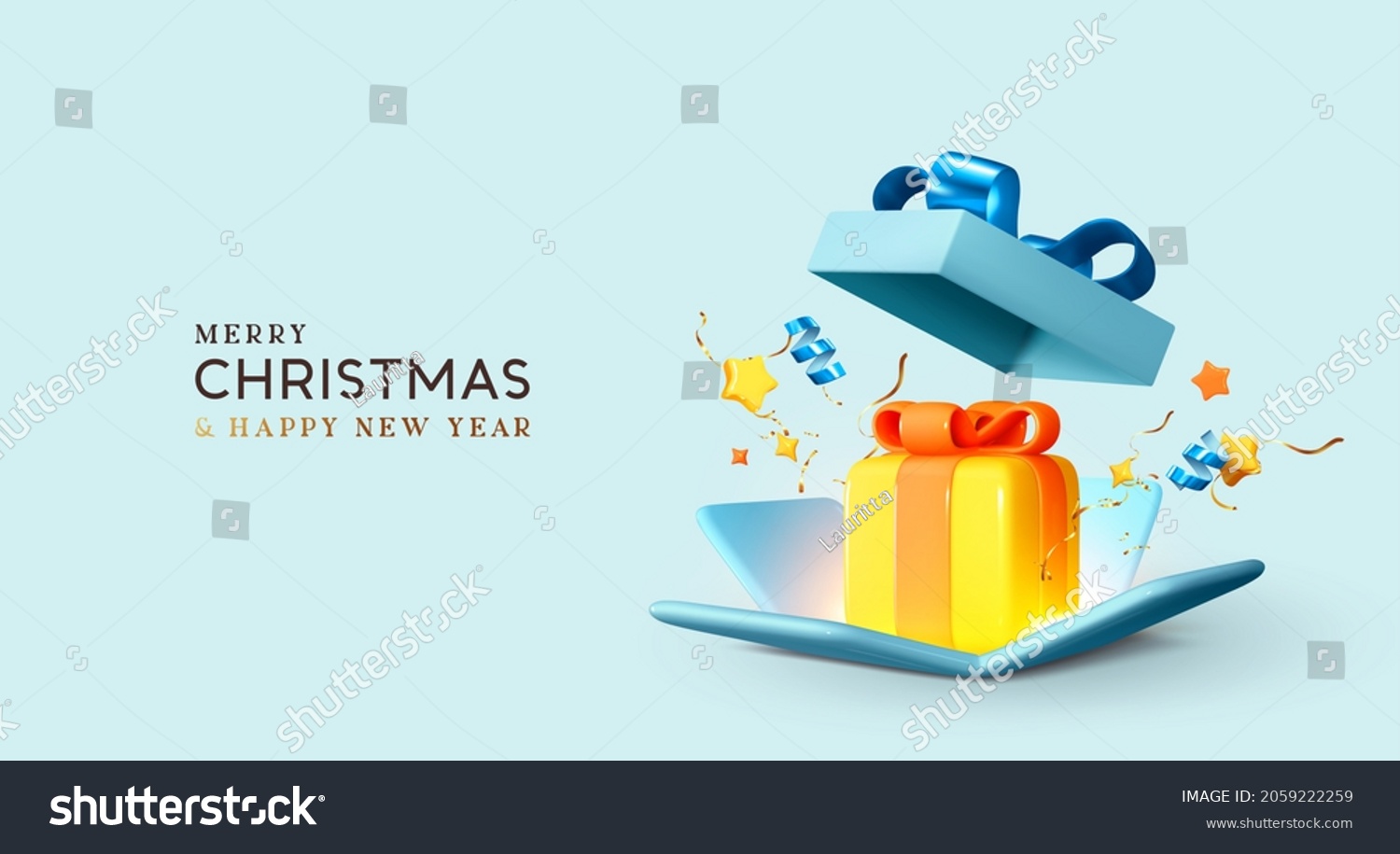 Merry Christmas and Happy New Year. Background with realistic 3d festive blue open gifts box. Xmas sale present. Holiday decorative yellow boxes, Holiday gift surprise. Vector illustration #2059222259