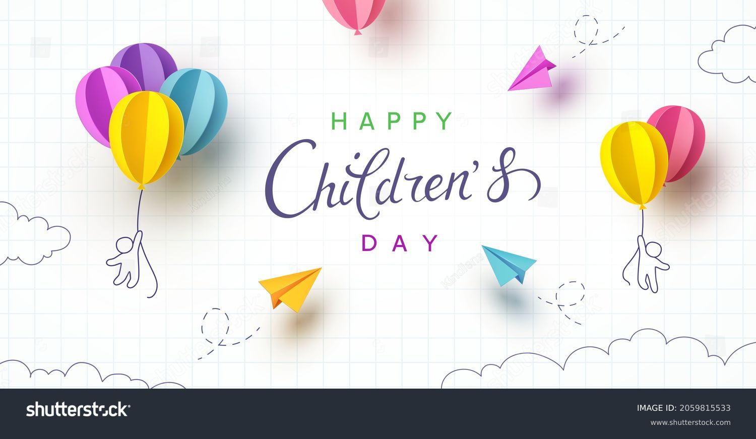 Children's Day with flying colorful 3d paper balloons and airplanes on school notebook background. Vector doodle cartoon kids, planes, ballons poster template #2059815533