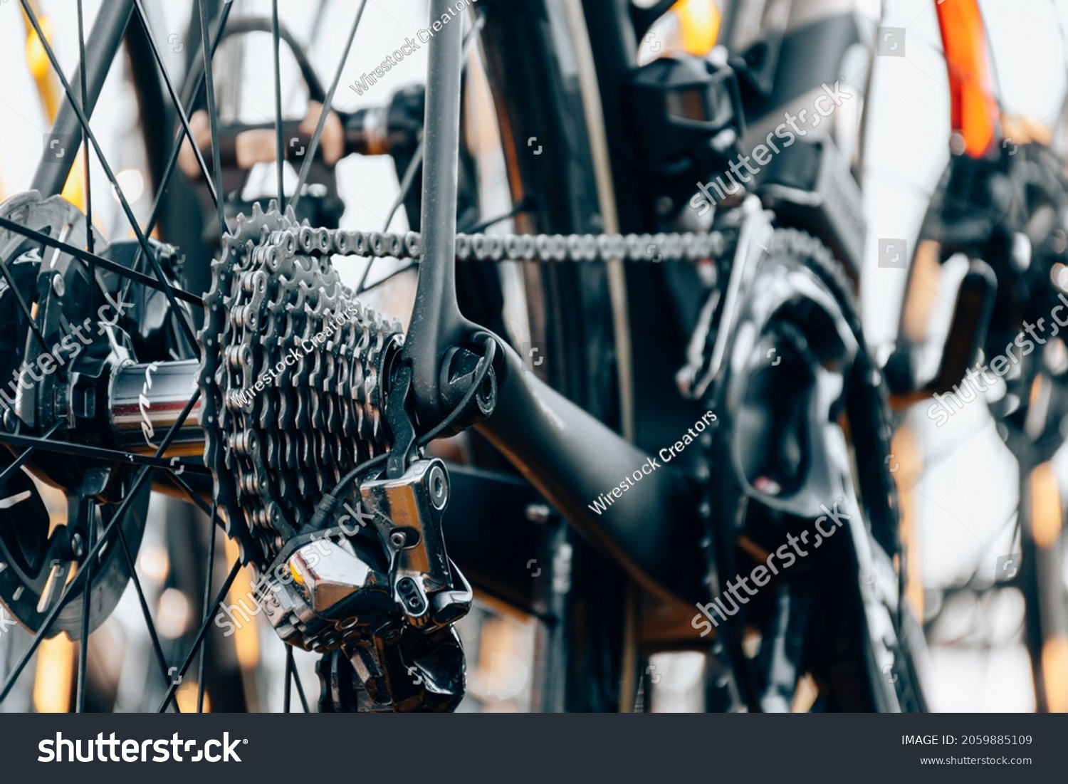 Close-up cropped photo of cassette and chain on professional road bike #2059885109
