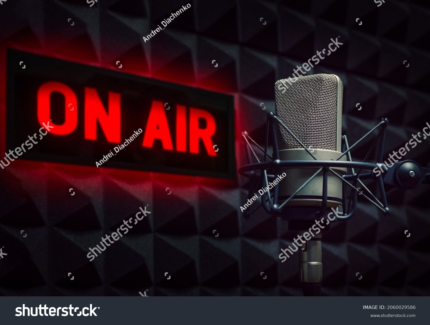 Professional microphone in radio station studio and on air sign #2060029586