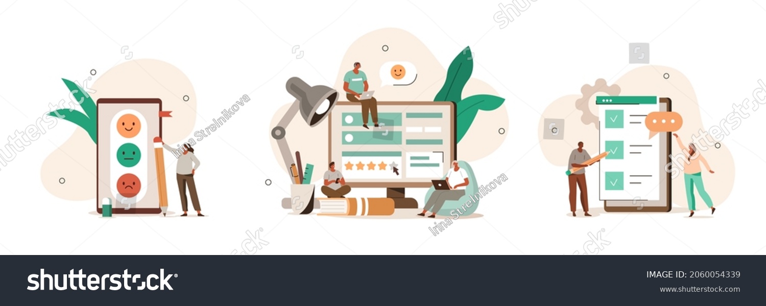 Feedback illustration set. Characters filling survey form, giving positive feedback and filing checklist on smartphone and computer. User experiences concept. Vector illustration.
 #2060054339