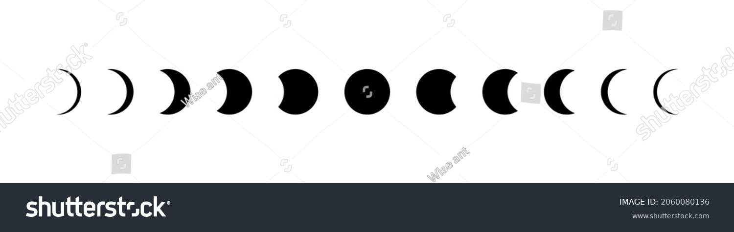 Moon phase. Icon of lunar cycle. stage of moon. Phase of eclipse of sun. Shape of full, half, crescent and quarter of star. Astronomy calendar. Black logo on white background. Symbol of planet. Vector #2060080136