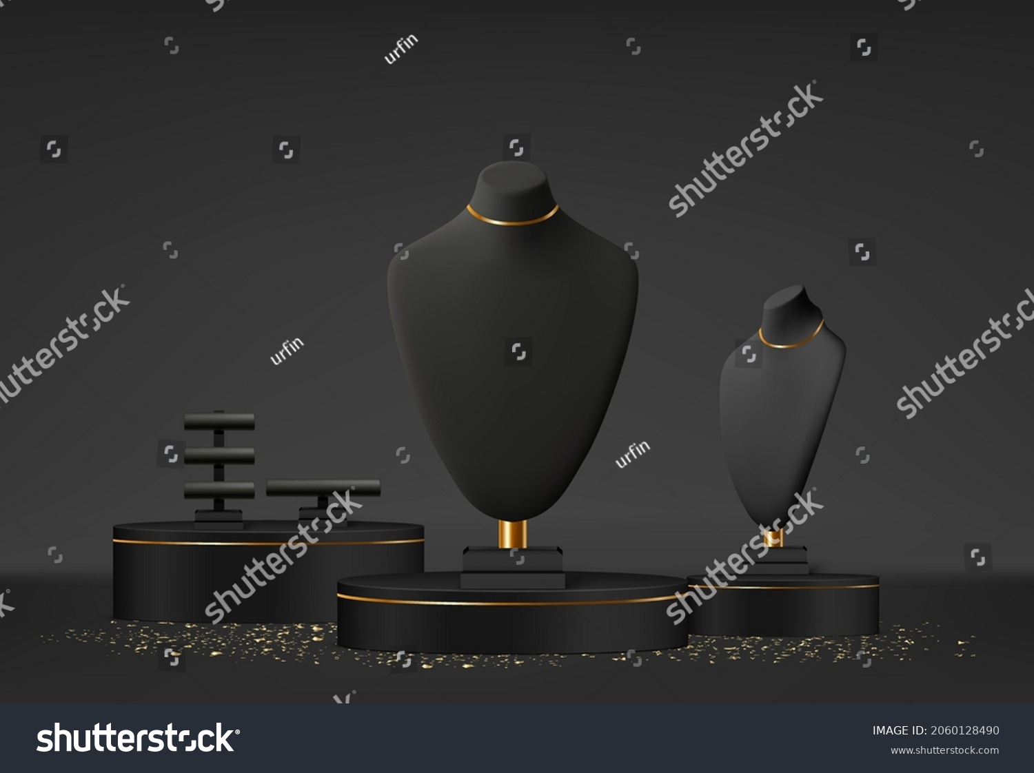 Realistic black stands for jewelry. Bust necklace mannequin vector realistic. Mannequin no head. #2060128490