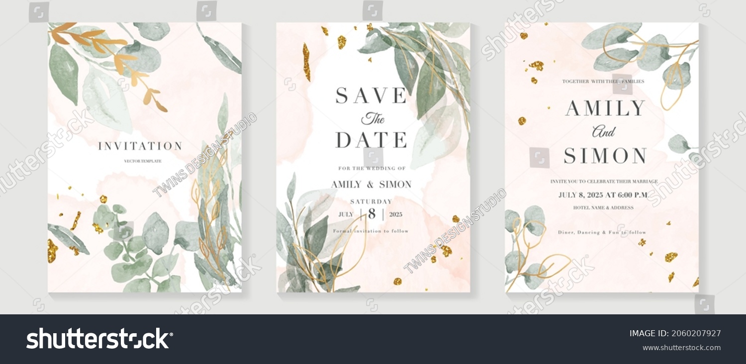 Luxury wedding invitation card background  with golden line art flower and botanical leaves, Organic shapes, Watercolor. Abstract art background vector design for wedding and vip cover template. #2060207927