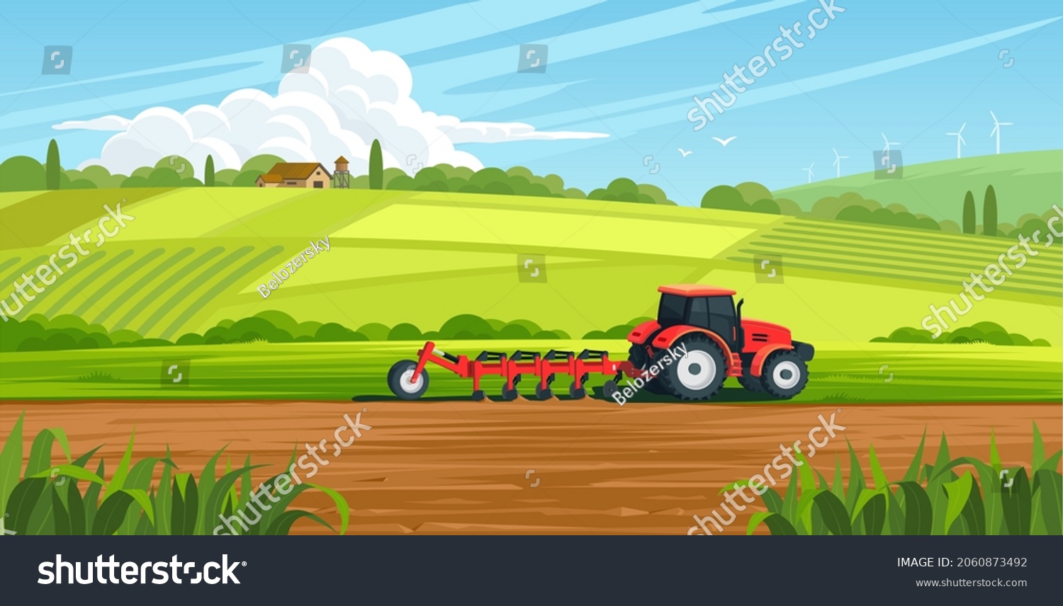 Agriculture concept. Tractor plowing the field on rural landscape background. Soil cultivation process. Farm life. Сountryside landscape. Farmland vector illustration. #2060873492