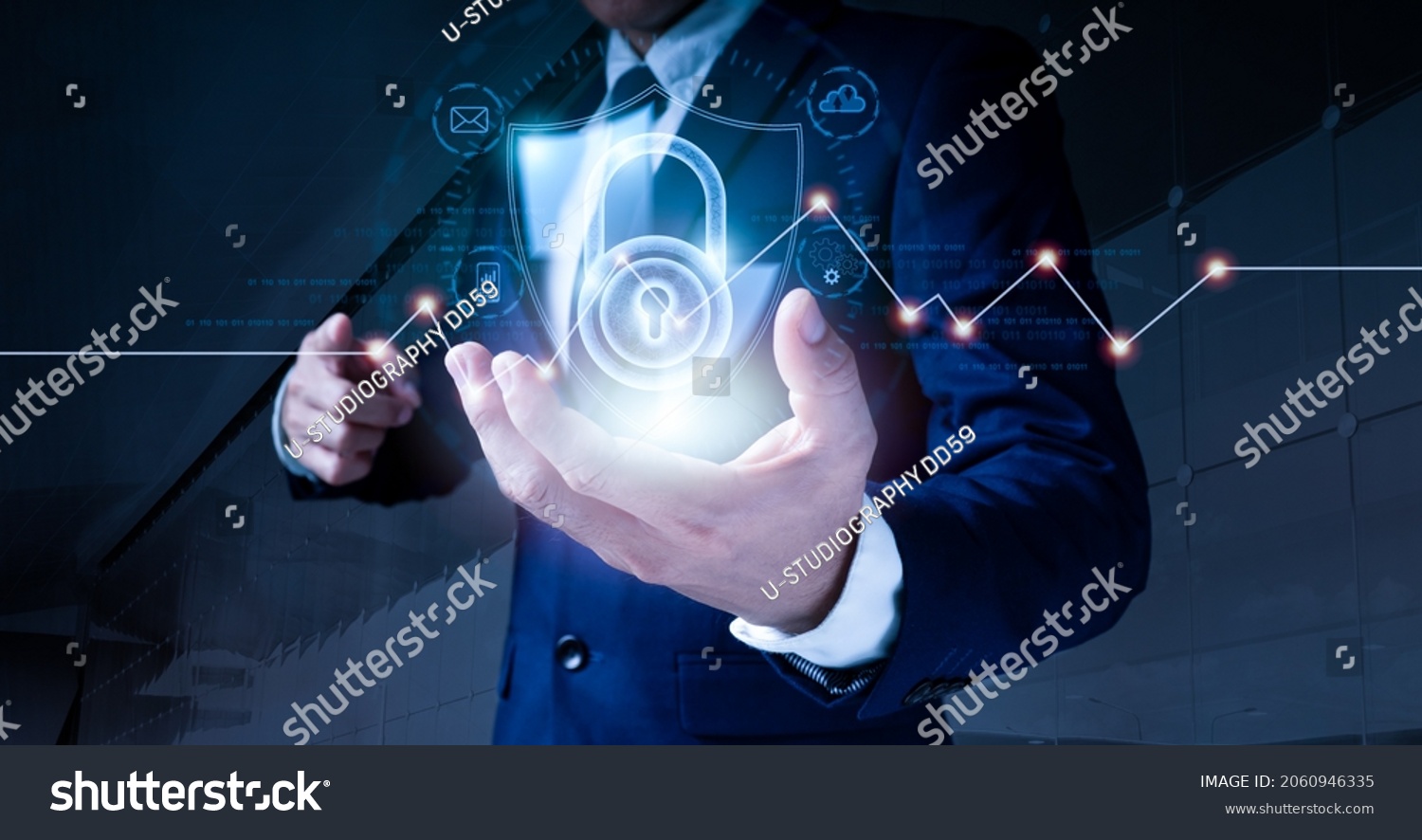 Data protection and cyber security. A padlock is used by a businessman to secure commercial and financial data over a virtual network connection. Innovative technology produce brilliant solutions. #2060946335