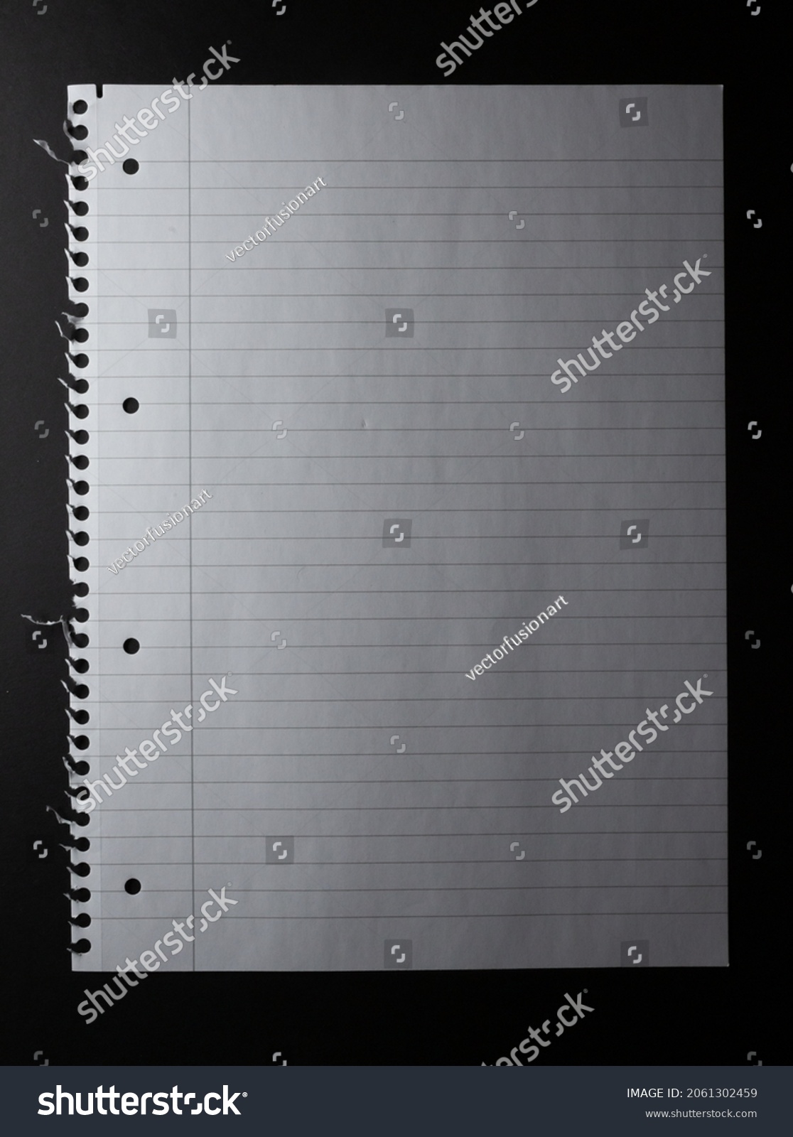 Hole punched sheet of lined white notebook paper, torn from spiral binding, on black background. monochrome light and texture, abstract background image. #2061302459