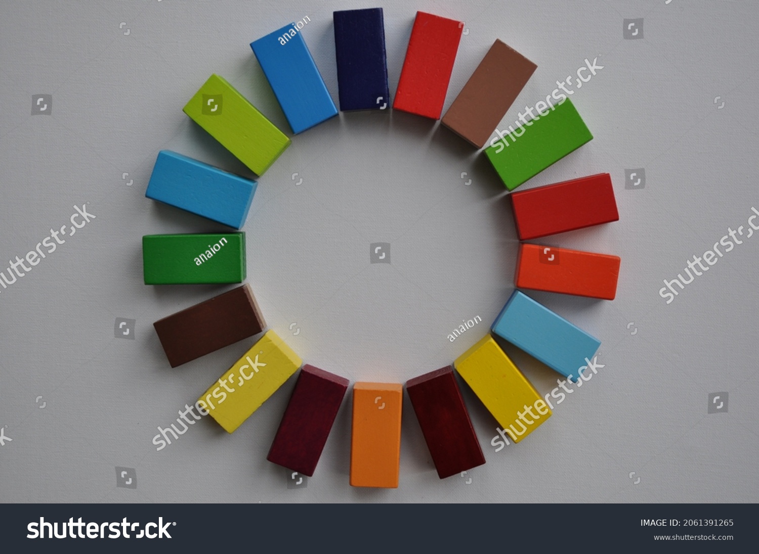 3D design in colourful toy wooden blocks reminiscent of the sustainable development goals logo. To convey ideas of sustainability, climate change, towards children. Not an official logo of the 17 SDG. #2061391265