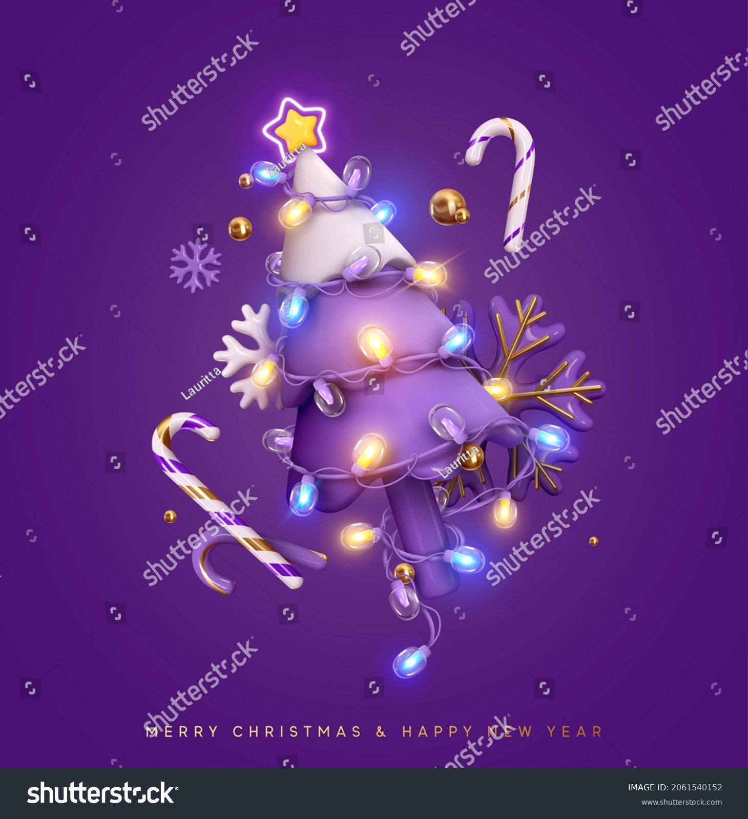Christmas sparkling bright tree. Merry Christmas and Happy new year. Realistic 3d design of objects, light garlands, snowflake, candy cane, purple colors compositions. Tree star. Vector illustration #2061540152