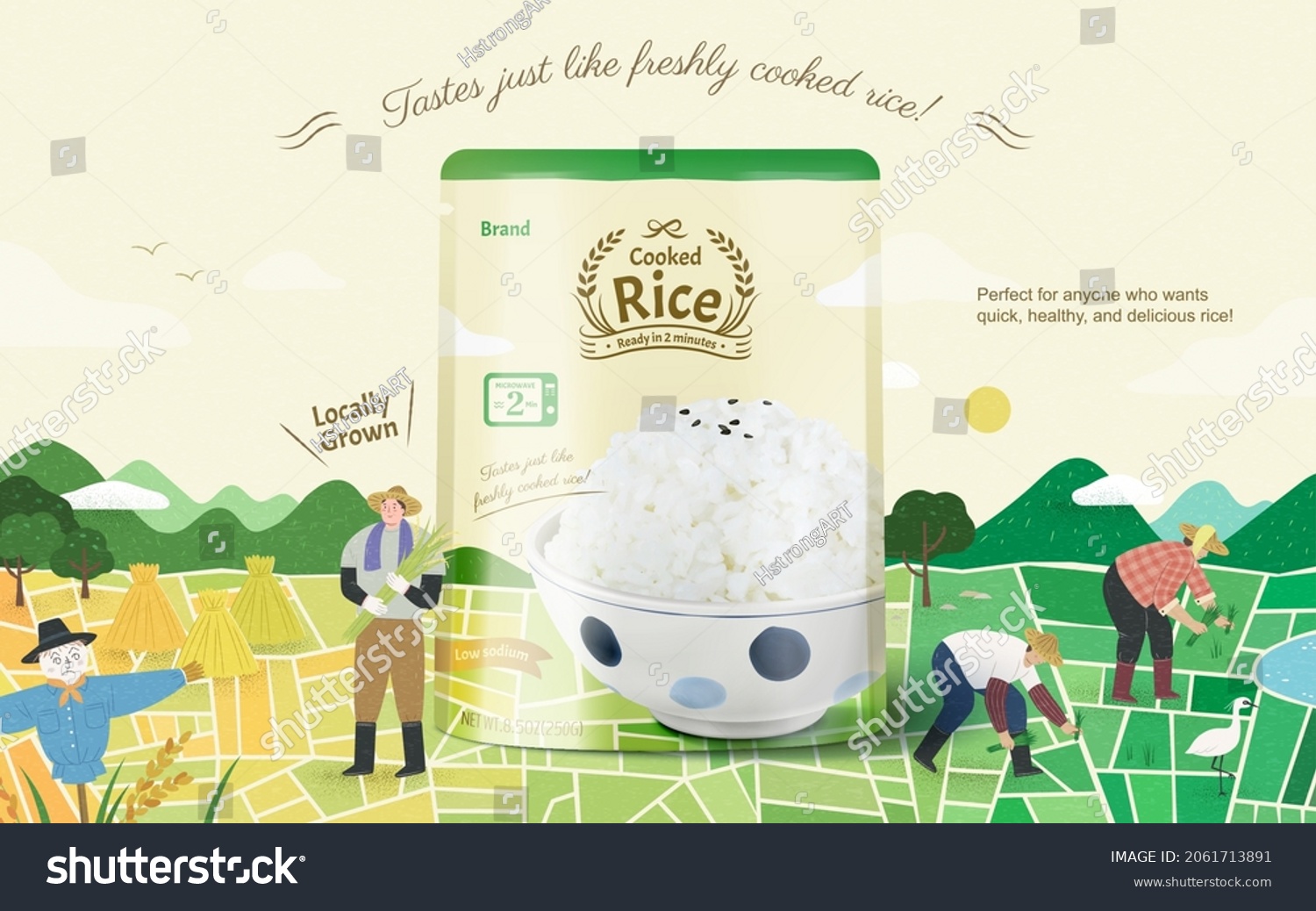 Cooked white rice ad template with hand drawn illustration of cute paddy field and Asian farmers. 3d microwavable plastic bag package. Concept of local growing crop and healthy diet. #2061713891