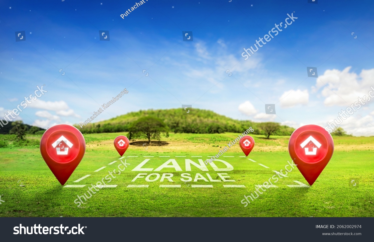 Land plot management - real estate concept with a vacant land on a green field available for building construction and housing subdivision in a residential area for sale, rent, buy or investment. #2062002974