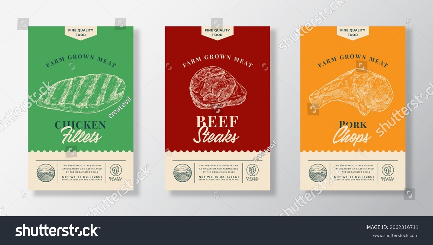Meat Abstract Vector Packaging Labels Design Set. Modern Typography Banner, Hand Drawn Chicken Fillet, Beef Steak and Pork Chops Sketch Silhouettes. Color Paper Background Layouts Collection Isolated. #2062316711