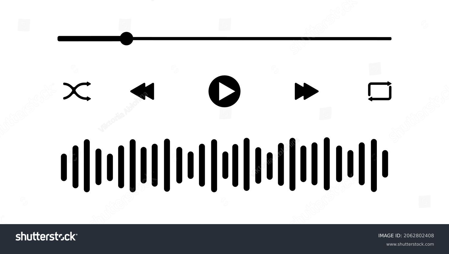Audio player interface with loading bar, buttons, sound wave icon. Graphic mediaplayer panel template for mobile app. Vector flat illustration. #2062802408