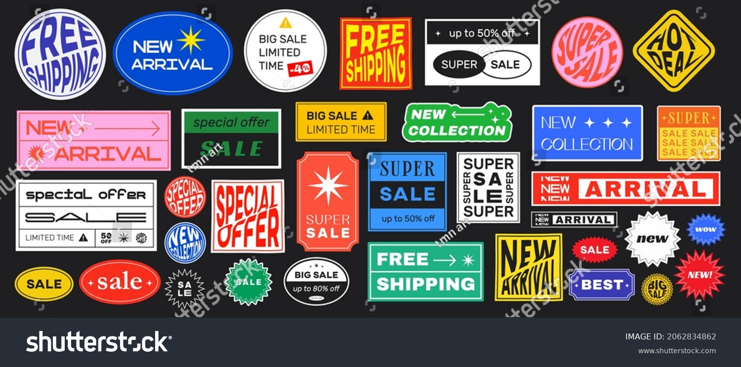 Set of Sale Stickers Retro Design. Cool Trendy Discount labels. Vector Special Offer Badges. #2062834862