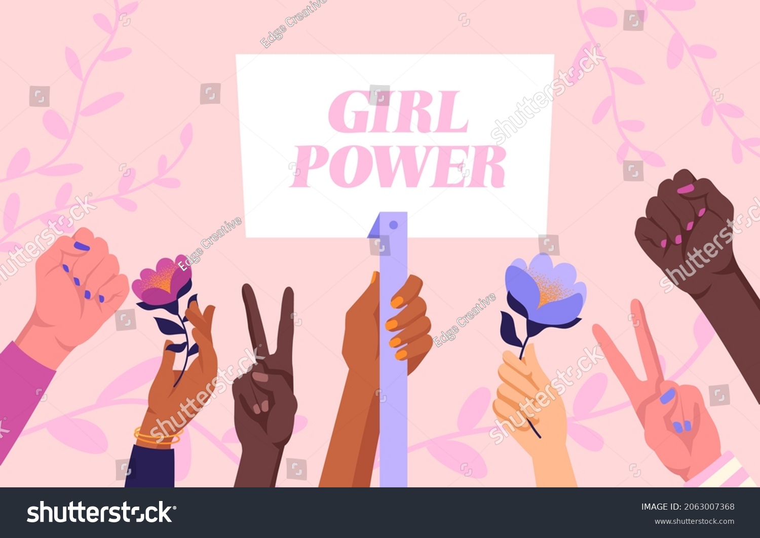 Womans hand banner. Concept of feminine power, feminism, equality, tolerance. Women raised their fists, protest. Set of characters, sticker, poster, wallpaper. Cartoon flat vector illustration #2063007368