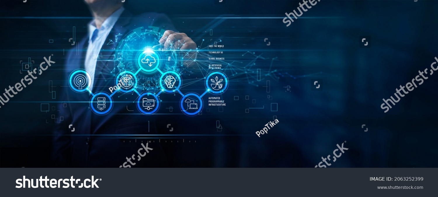 Cloud the next big thing, Technology 5G, Global business, Save the world, Automated programmable infrastructure, Businessman touching connect to data information on cloud computing network cyberspace. #2063252399