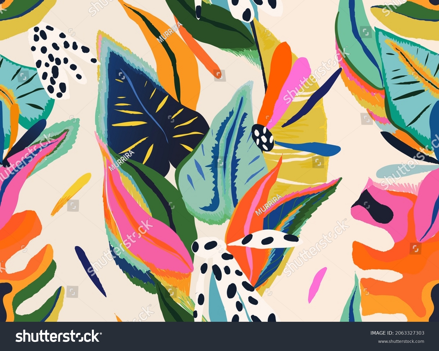 Modern exotic floral jungle pattern. Collage contemporary seamless pattern. Hand drawn cartoon style pattern. #2063327303