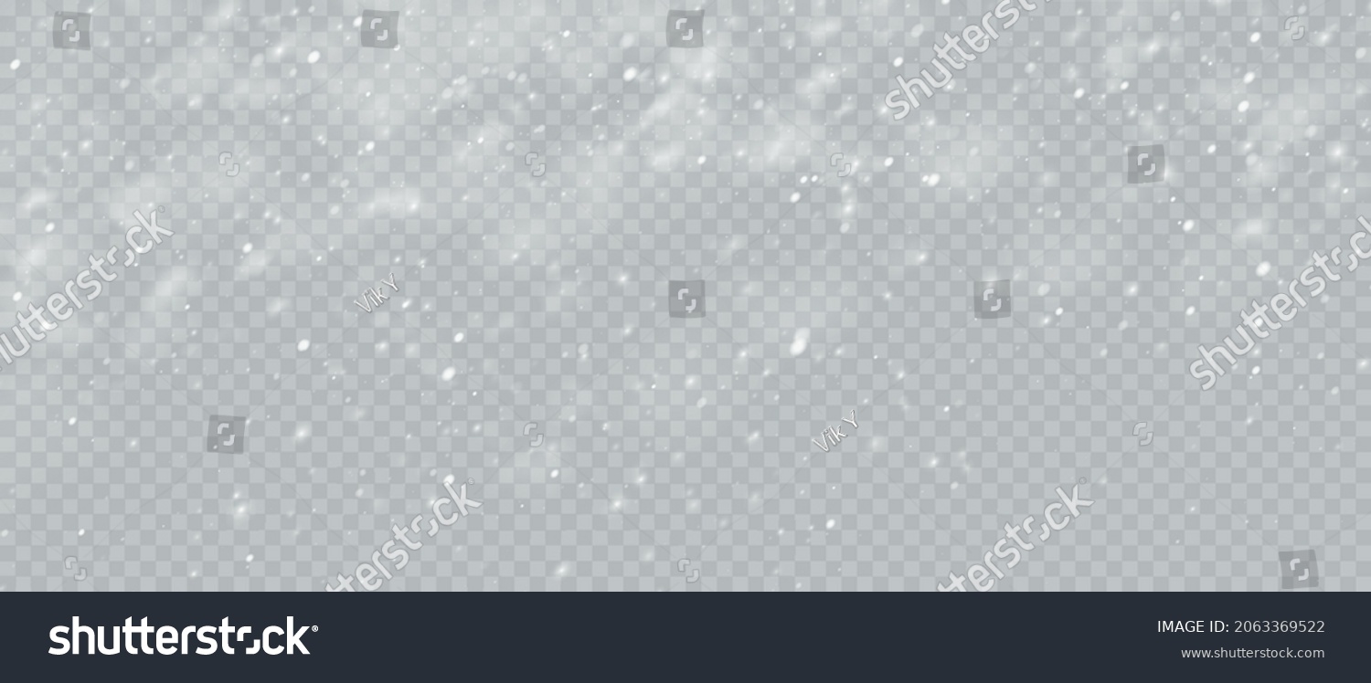 Snow Blizzard realistic overlay background. Snowflakes flying in the sky isolated on transparent background. Background for Christmas design. Vector illustration EPS10 #2063369522