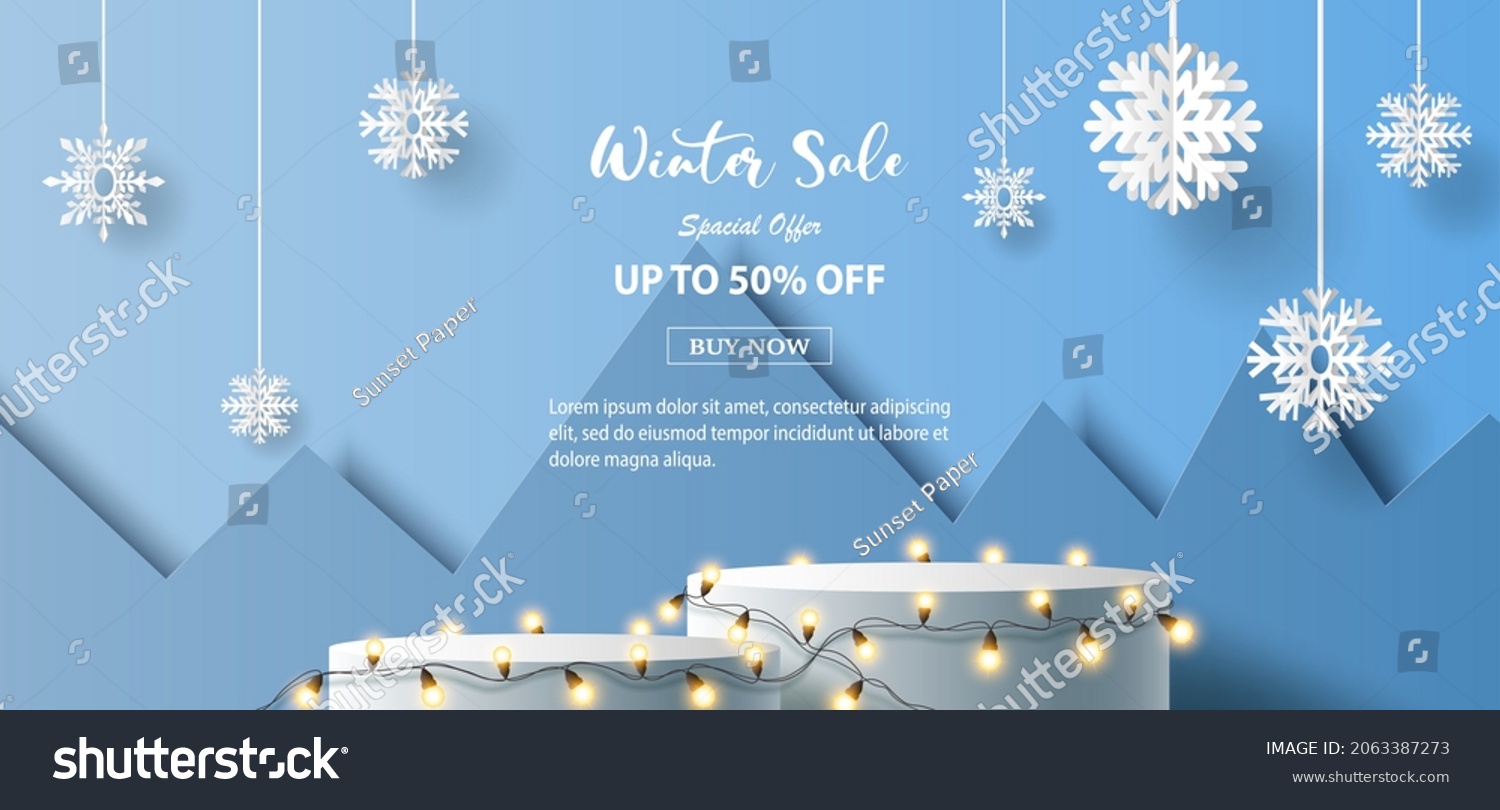 Winter sale product banner, 
podium platform with geometric shapes and snowflake, paper illustration, and 3d paper. #2063387273