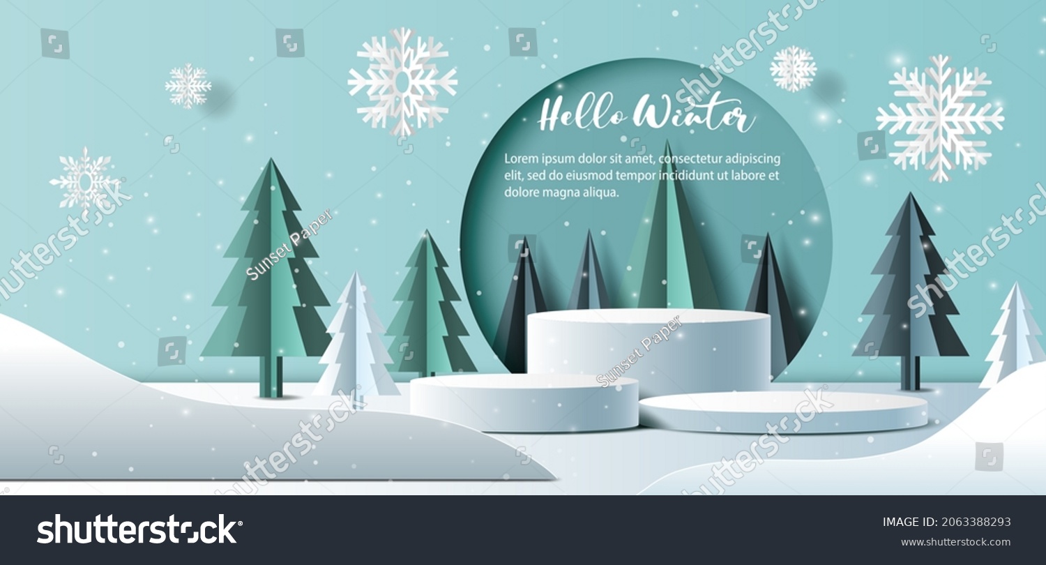 Winter sale product banner, 
podium platform with geometric shapes and snowflakes background, paper illustration, and 3d paper. #2063388293