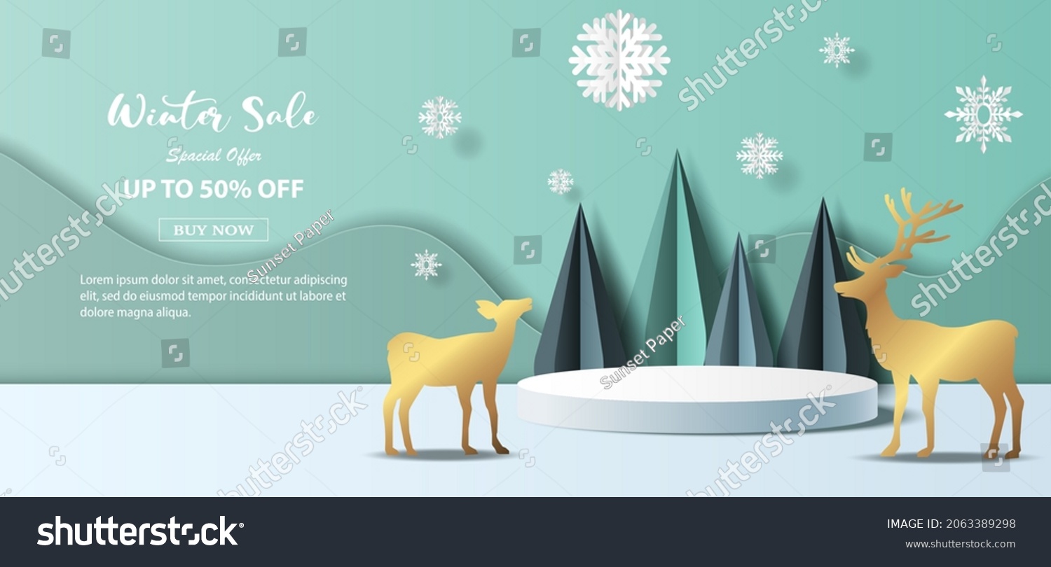 Winter sale product banner, a mountainous and forested landscape with couple reindeer, paper illustration, and 3d paper #2063389298
