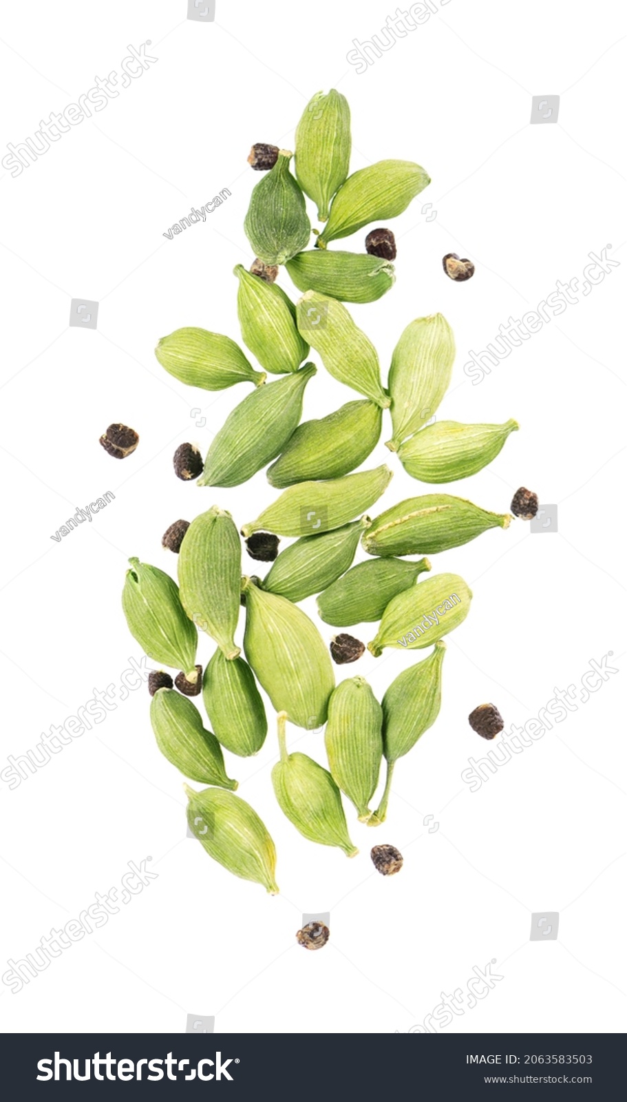 Cardamom pods isolated on white background. Green cardamon seeds. Clipping path. Top view. #2063583503