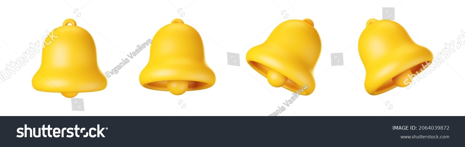 3d notification bell icon set isolated on white background. 3d render yellow ringing bell with new notification for social media reminder. Realistic vector icon #2064039872