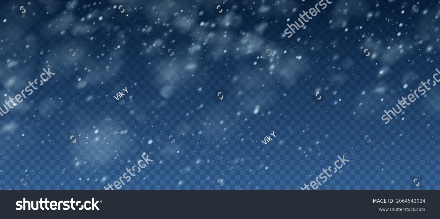 Snow Blizzard realistic overlay background. Snowflakes flying in the sky isolated on transparent background. Background for Christmas design. Christmas Vector illustration EPS10 #2064542924