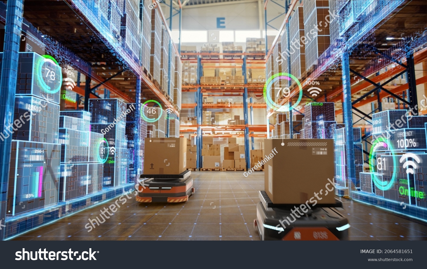 Future Technology 3D Concept: Automated Retail Warehouse AGV Robots with Infographics Delivering Cardboard Boxes in Distribution Logistics Center. Automated Guided Vehicles Goods, Products, Packages #2064581651