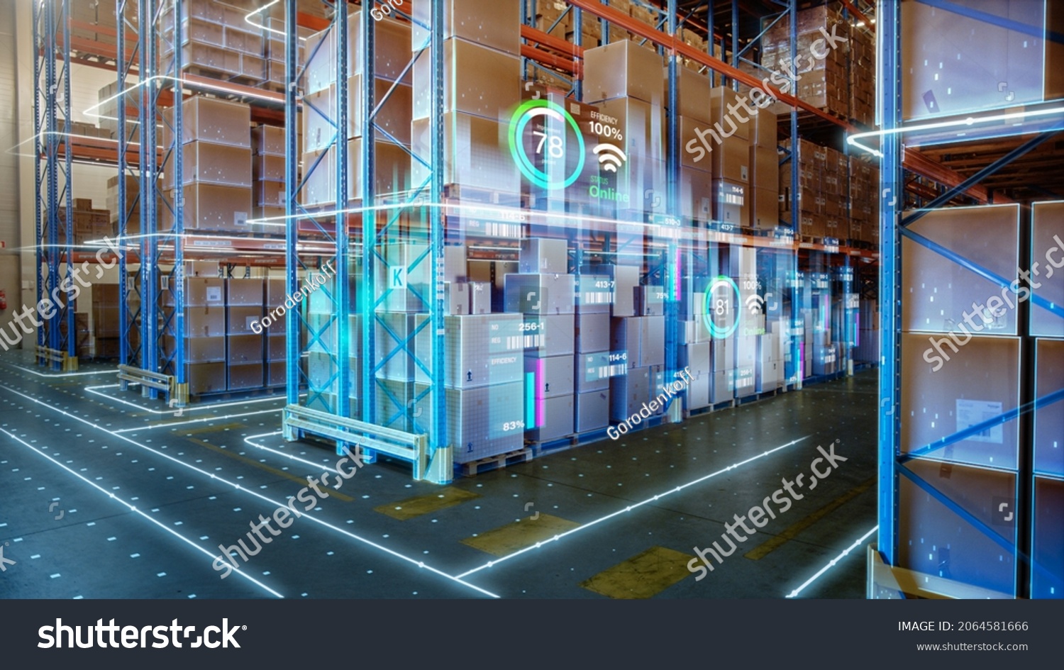 Futuristic Technology Retail Warehouse: Digitalization and Visualization of Industry 4.0 Process that Analyzes Goods, Cardboard Boxes, Products Delivery Infographics in Logistics, Distribution Center #2064581666