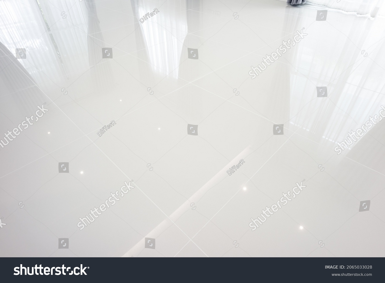 White tile floor with grid line of square texture pattern in perspective. Clean shiny of ceramic surface. Modern interior home design for bathroom, kitchen and laundry room. Empty space for background #2065033028