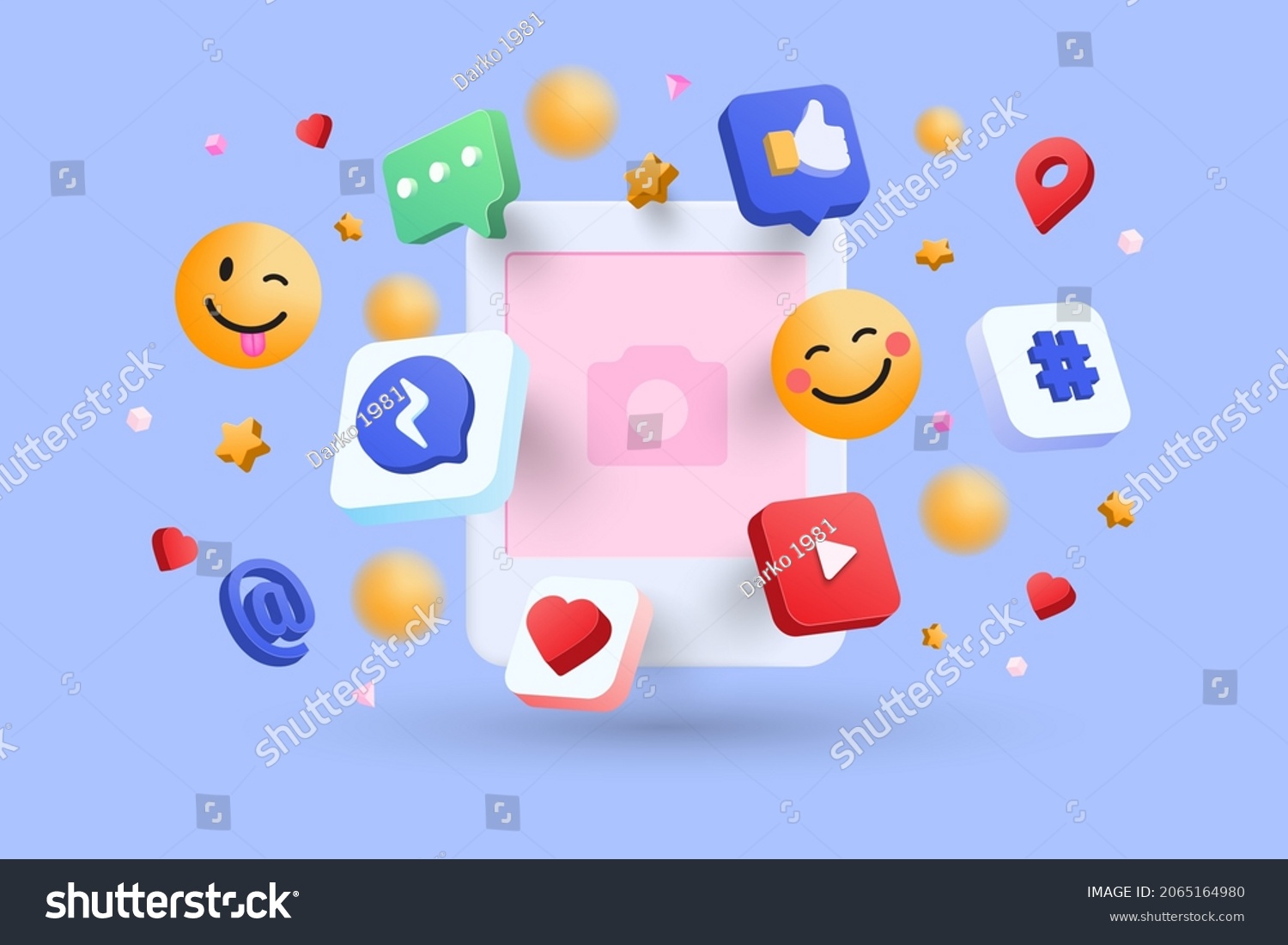 Blank Social network post surrounded with floating elements on blue background. Modern minimal design. 3d vector illustration #2065164980