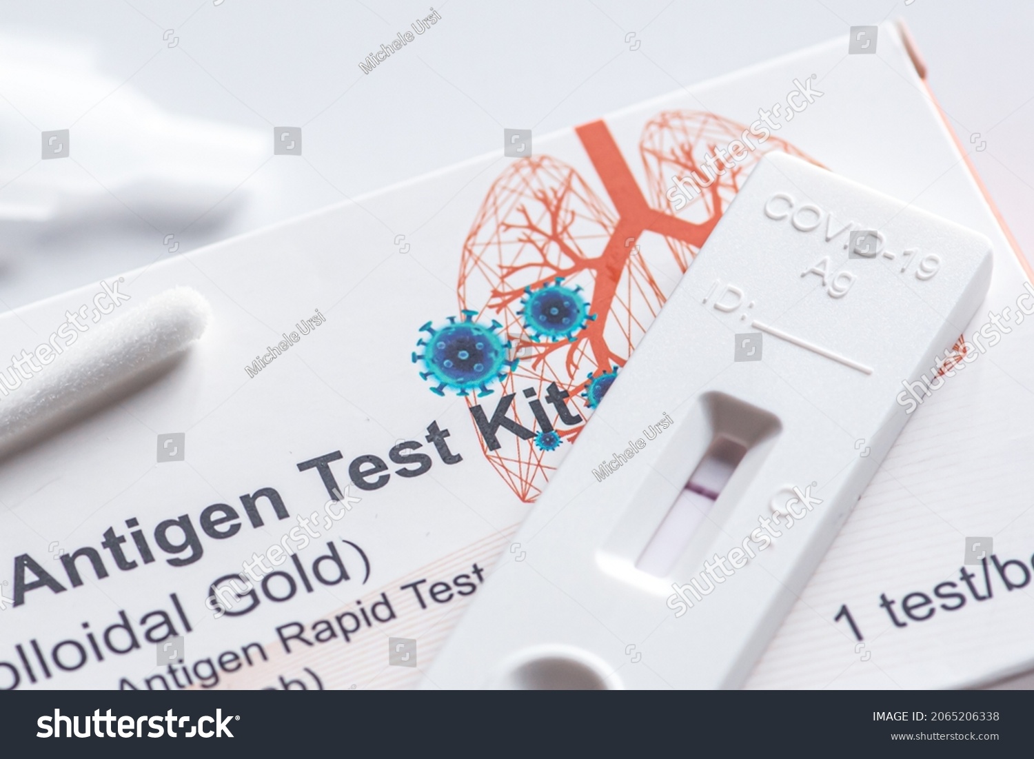 Negative Covid-19, SARS‑CoV‑2 antigen test kit, one step coronavirus antigen rapid test, saliva swab, 1 test box with imagine of lungs, close up #2065206338