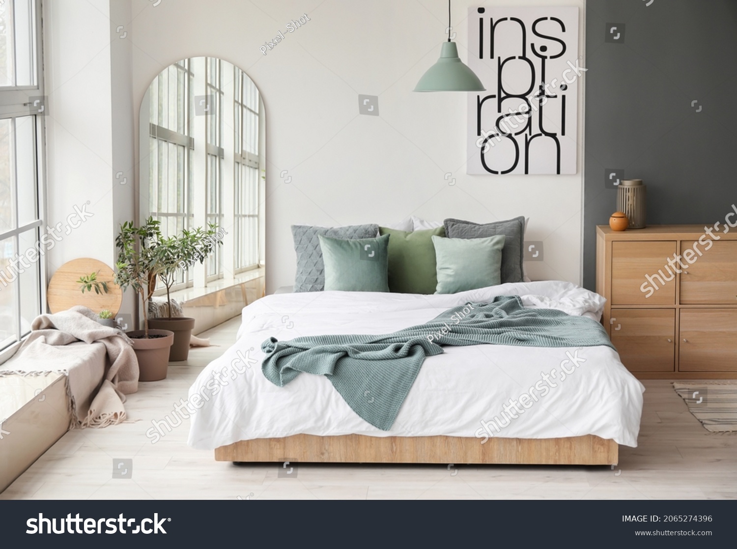 Modern interior of light bedroom with mirror #2065274396