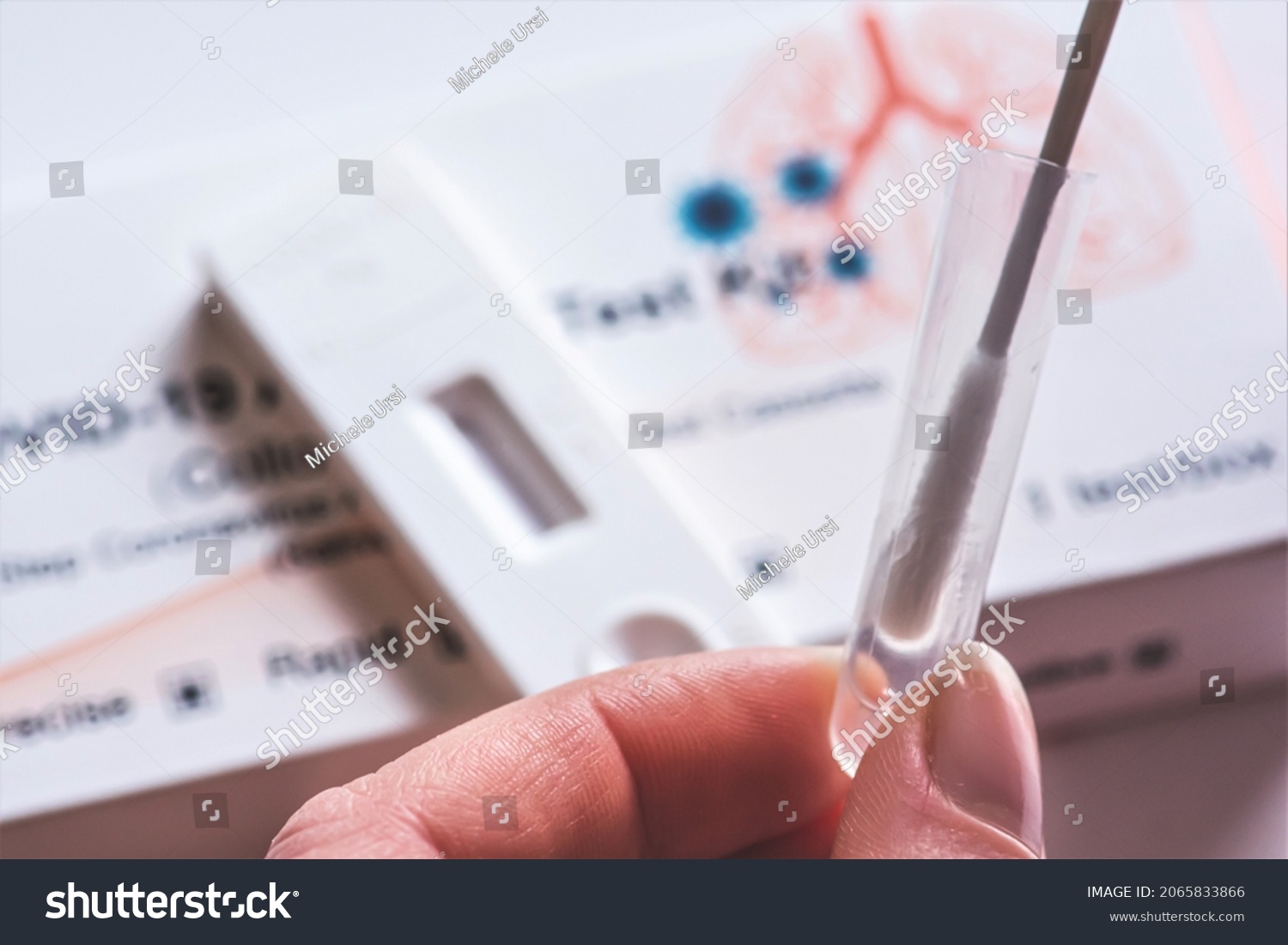 Covid-19, SARS‑CoV‑2 antigen test kit, one step coronavirus antigen rapid test, saliva swab, 1 test box with imagine of lungs and with fingers of a girl testing, close up #2065833866