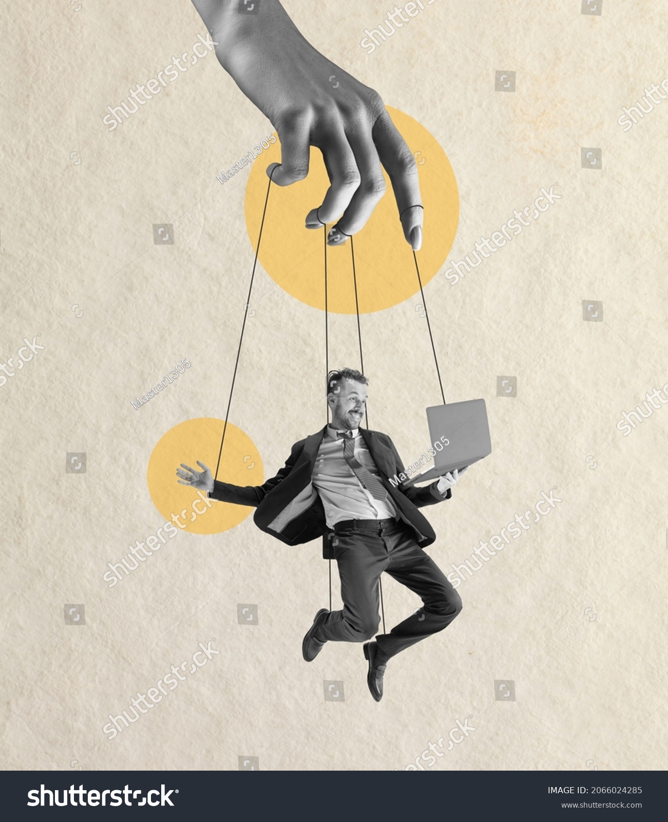 Female hand holding man like puppet. Be in wrong hands. Modern design, contemporary art collage. Inspiration, ideas, magazine style, business and creativity concept. Copyspace for ad. Surrealism. #2066024285