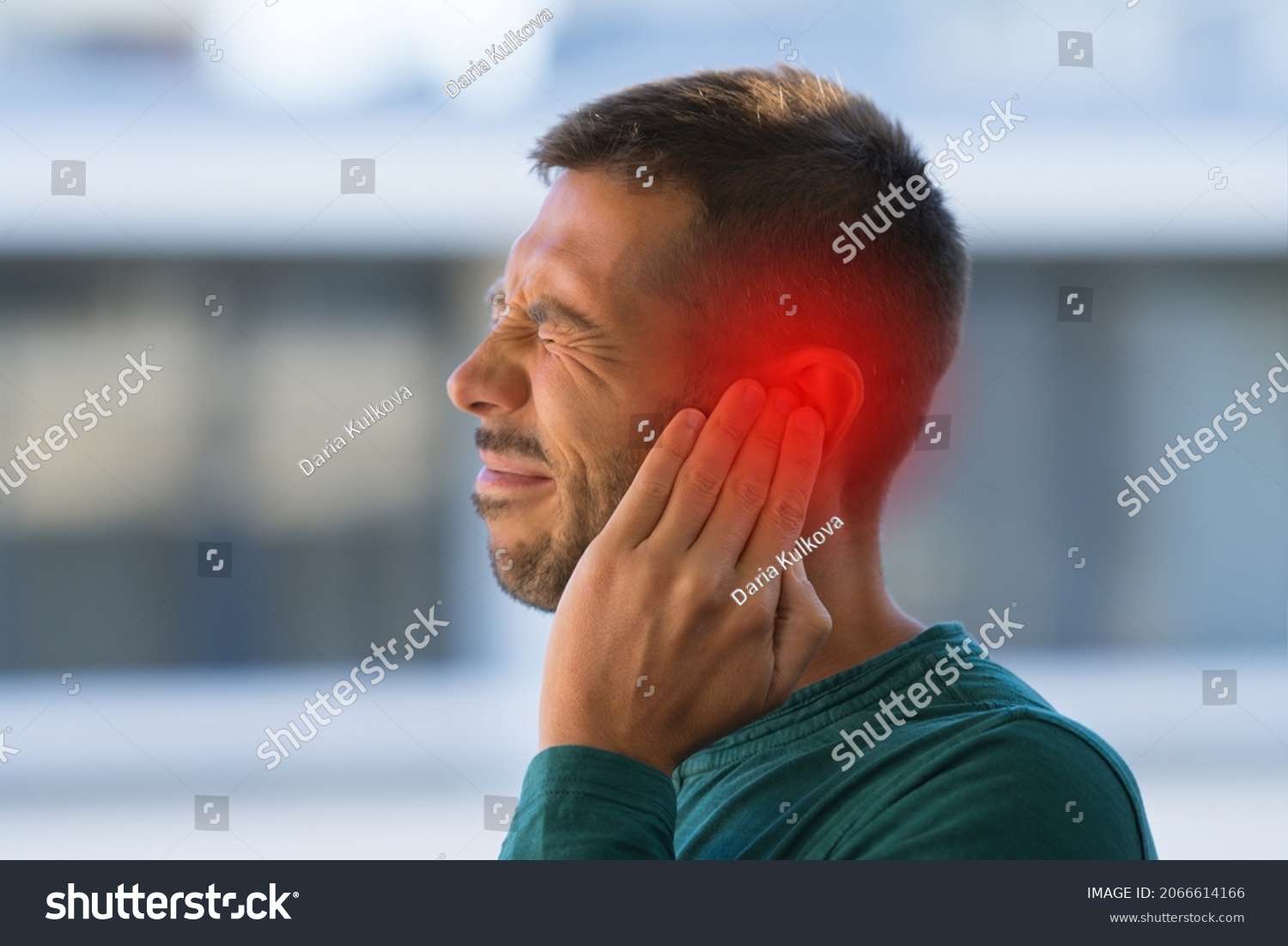 Man suffering from of strong earache or ear pain. Otitis #2066614166