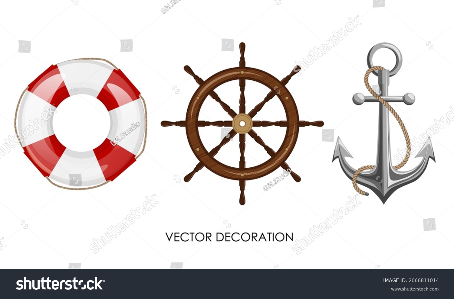 Set of lifebuoy, wooden steering wheel, anchor with rope on white background. Isolated vintage ship objects. Elements of sea boat equipment . Marine theme decoration. Vector illustration #2066811014